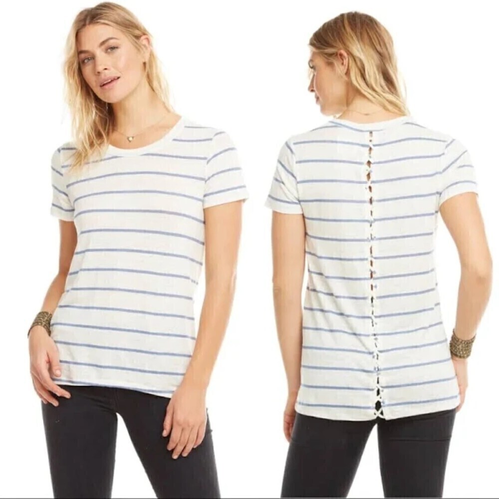 NWT CHASER Linen Cream Blue Striped Lace Up Back Burnout Shirt Size Medium